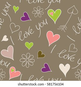 Valentine day vector pattern with I love you text, chamomile flower, hearts in pink, purple and beige colors. Romantic floral seamless pattern.