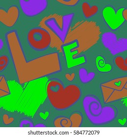 Valentine day vector pattern with love text, hearts and letter in green, red and violet colors. Romantic floral seamless pattern.