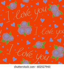 Valentine day vector pattern with love text, hearts, rose flower and letter. Romantic floral seamless pattern on a orange background.