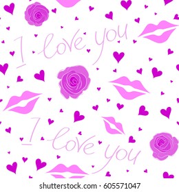 Valentine day vector pattern with love text, hearts and letter in pink and magenta colors. Romantic floral seamless pattern on a white background.