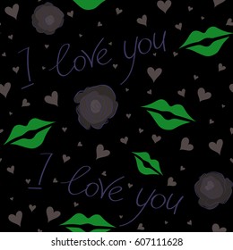 Valentine day vector pattern with love text, hearts and letter in violet, green and brown colors. Romantic floral seamless pattern on a black background.