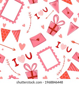 Valentine day vector pattern with postcard, arrow, present box, i love you lettering, wrapping, hearts, frame and holiday flags. Beautiful pattern for fabric and other surface.
