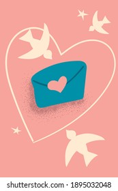Valentine Day vector postcard with envelope and heart on pink background. White love birds and love mail retro illustration. 14 February romantic greeting card. Valentine love confession