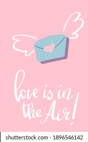 Valentinstag flache Karte mit Umschlag mit Flügeln und Schrift Liebe ist in der Luft