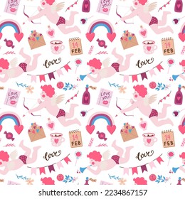 Valentine ’s Day vector seamless pattern with traditional holiday elements. Cupids, love letters, love potion, garlands, calendar and others. Perfect for fabrics, wrapping paper and wallpapers. 