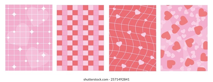 Valentine day vertical posters with hearts, patterns, grids and blinks. Background designs, postcards decorations, covers and wrapping paper graphics. Vector illustration set.
