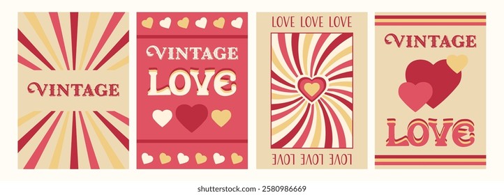 Valentine day vertical posters with hearts, patterns and beams. Vintage text. Background designs, postcards decorations, covers graphics. Vector illustration set.