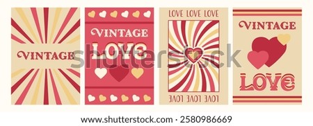 Valentine day vertical posters with hearts, patterns and beams. Vintage text. Background designs, postcards decorations, covers graphics. Vector illustration set.