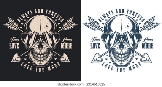 Valentine Day vintage flyer monochrome with skull with glasses in form hearts and cupid arrows god of love vector illustration