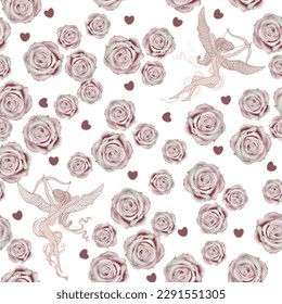 Valentine Day wallpaper. Seamless pattern from winged cupid angels shooting arrows from a bow at the hearts on a transparent background  with blooming rose flowers 