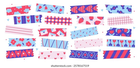 Valentine day washi tape vector illustration. Adhesive ribbon stickers, decorative ripped scrapbook design element, greeting card sticky strip badges with romantic prints and seamless pattern set