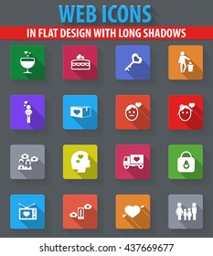Valentine day web icons in flat design with long shadows