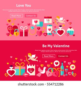 Valentine Day Website Banners. Vector Illustration for Web Header. Love Modern Flat Design.