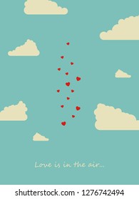 Valentine day or wedding card with hearts in the sky between balloons vector concept. Love is in the air quote. Eps10 vector illustration.