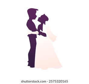 Valentine day and wedding couple silhouette, vector love symbol. Bride and bridegroom silhouette of couple kissing and embracing, woman in wedding dress with veil and man in tuxedo for Valentine day