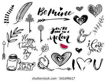 Valentine Day, wedding hand drawn lettering, outline romantic doodles collection. Vector illustrations isolated on a white background.