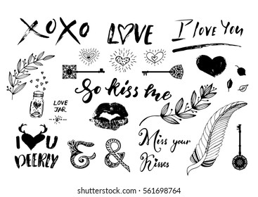 Valentine Day, wedding hand drawn lettering, outline romantic doodles collection. Vector illustrations isolated on a white background.