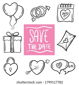 Valentine day and wedding love icons set.  Vector hand drawn set of wedding icons, bride, groom, couple, love, marriage 