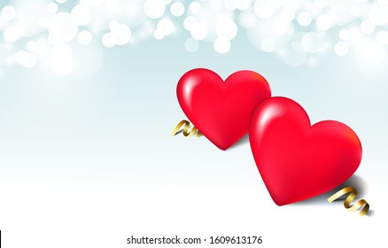 Valentine day, wedding, love postcard. Romantic background with 3d red hearts and bokeh.