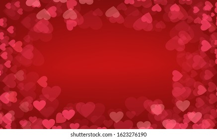 Valentine day, wedding, love postcard. Romantic background with red hearts and bokeh.