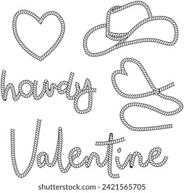 Valentine Day Wild West rodeo love heart, Cowboy hat, rope lasso vector illustration set isolated on white