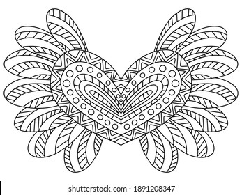 Valentine Day winged heart vector coloring page. Lovely monochrome hand drawn love symbol black outline isolated on white. St Valentine's day antistress coloring page for kids and adults. One of serie