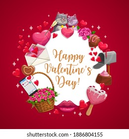 Deseo de San Valentín, afiche vectorial con gatos besando, corazones y flecha, dulce de chocolate y flores en una canasta de mimbre. Feliz día de San Valentín mensaje de sms en el teléfono, helado y labios de corazón rosado