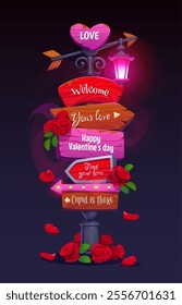 Valentine day wooden sign board, love holiday signage, adorned with romantic messages and red roses, cupid arrow and vintage light lantern, symbolizing love and celebration during romantic holiday