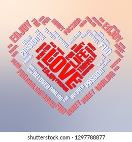 Valentine day word cloud collage, heart concept background.
