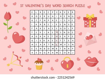 Valentine day word search puzzle for kids. Funny brain teaser for children.