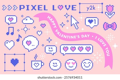 Valentine day y2k pixel elements set. Cute vintage love design. 14 February vector icons. I love U, heart, smiling face emoji, speech bubble. Abstract geometric simple shape. Game abstract elements