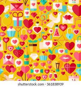 Valentine Day Yellow Seamless Pattern. Love Flat Design Vector Illustration. Tile Background. Set of Wedding Items.