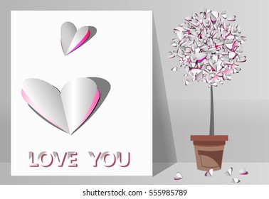 valentine day,background with Flower Pot Tree , Paper art and craft style.