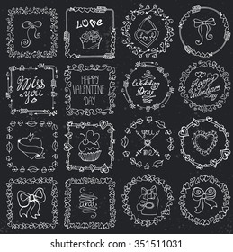 Valentine day,love Hand drawn  frames wreath with symbols and lettering.Romantic heart doodle textures,arrows,swirl ornament.Holiday  Decorative vector set.For birthday,wedding,female design