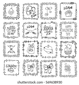 Valentine day,love Hand drawn  frames wreath,symbols titles.Romantic heart doodle textures,arrows,swirl ornament.Holiday  Decorative vector set.For birthday,wedding,femine design