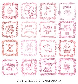 Valentine day,love Hand drawn wreath frame.Romantic heart doodle arrows,lips,swirl ornament.Decorative vector set.Holiday cute decor.Birthday,wedding,femine design.Pink,isolated