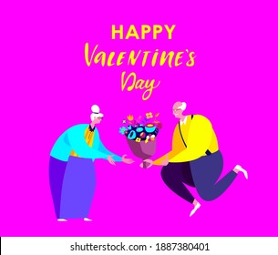 Valentine Day.Retired Pensioner Elderly Man Presenting Bouquet of Flowers to Aged Attractive Woman.Beautiful Old Romantic Smile Couple.Happy St Valentine's Day,Birthday,Dating.Flat Vector Illustration