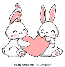 Valentine days postcard Hand drawn cute bunny and pink heart. Vector illustration 