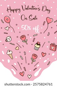 Valentine day's specials offer and advertising poster banner in flat style with wording of sale on pink background.