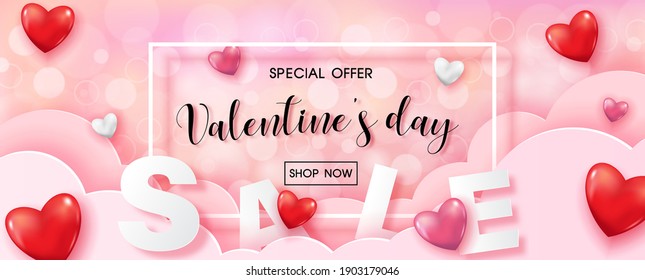 Valentine day's specials offer with sale wording in white frame and red harts on pink cloud and bokeh pattern background. Valentine greeting card in paper cut style and vector design.