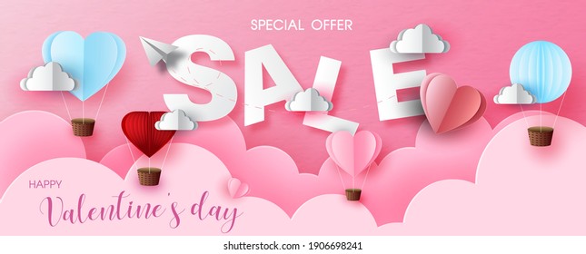 Valentine day's specials offer with sale wording in white frame and red harts on pink cloud and bokeh pattern background. Valentine greeting card in paper cut style and vector design.