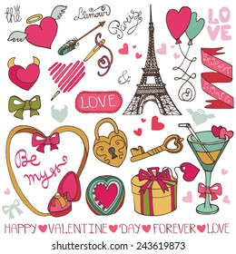 Valentine day,wedding,love,romantic elements collection.Frame,ribbon,hearts,gift,Eiffel tower,glass,ring.Cute Doodle hand drawing decor set.Vintage vector.Retro style
