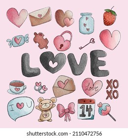 valentine decorations. watercolor objects about love heart cute and valentine's day