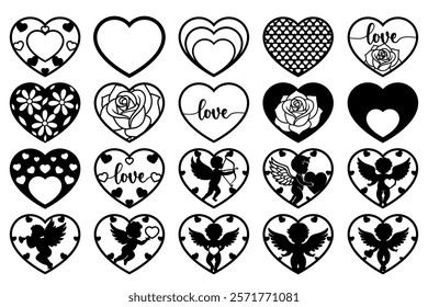 Valentine decorative hearts, black silhouette on a white 