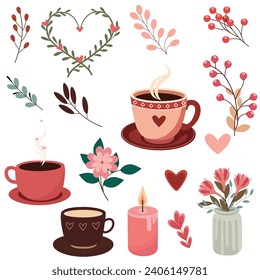 Valentine decorative set clip arts with wreath, lovely coffee cups, hearts, vase of flowers, pink candle, flowers and branches.