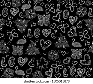 Valentine decorative vector seamless pattern with handwritten words of love, swans and hand drawn hearts
