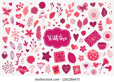 Valentine design elements with butterfly, candy, rose, flowers, leaves, cup, key, lock, gift, feather and hearts. Perfect for romantic decorations