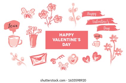 	
Valentine design elements with rose, flowers, leaves, cup, key, lock, gift,  and hearts. Perfect for romantic decorations