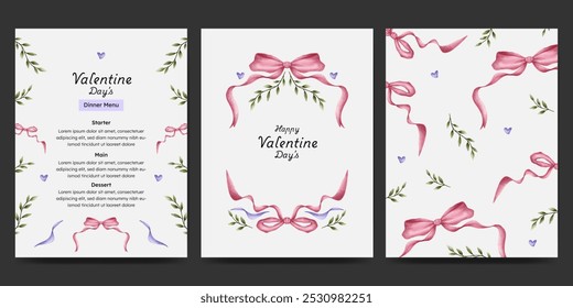 Diseño de San Valentín con lazo de cinta floral y acuarela de elemento de amor para Anuncio de invitación de tarjeta.