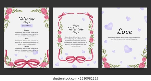 Diseño de San Valentín con lazo de cinta floral y acuarela de elemento de amor para Anuncio de invitación de tarjeta.